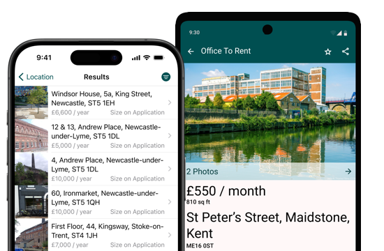 Screenshot of a commercial property search app on Android and iPhone